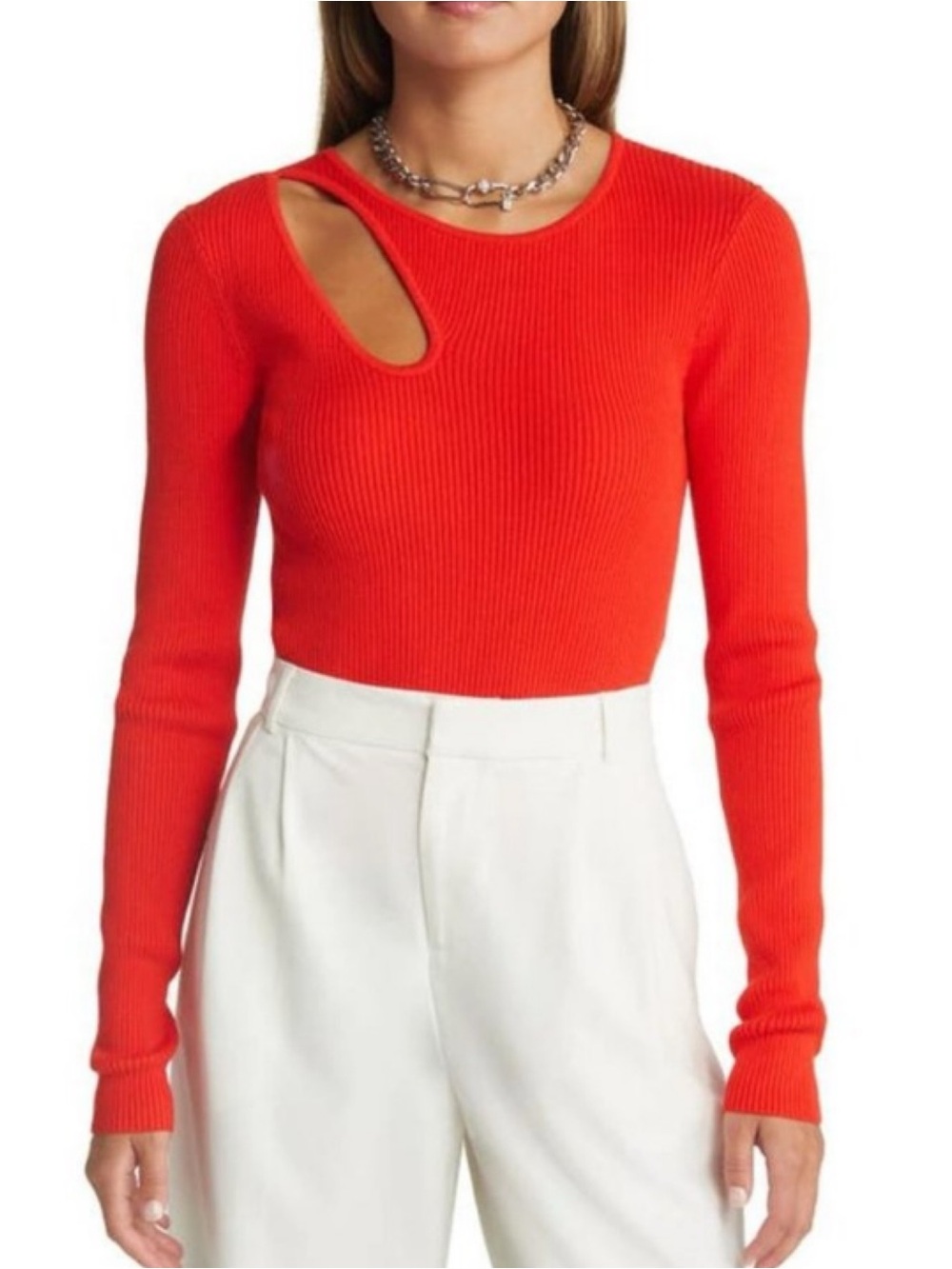O Edit Red Cutout Ribbed Long-Sleeve Sweater in Bright Red